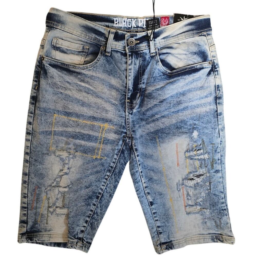 Black Pike Men's 32 Sand Wash Bermuda Denim Shorts Distressed Rip Repair NEW